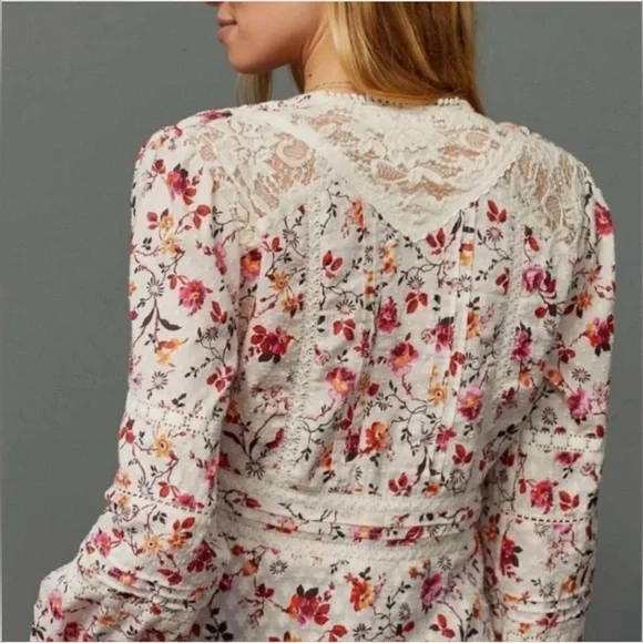 Anthropologie-Floral lace long sleeve blouse-Size 4-EUC - Picture 4 of 13